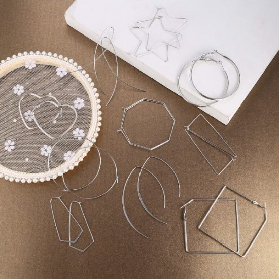 10Pairs Threader Large Hoop Earrings Set For Women Stainless Heart Star Square Threader Big Thin Wire Hoop Geometric Earrings Hoop Earrings 10Pairs Threader Large Hoop Earrings Set For Women Stainless Heart Star Square Threader Big Thin Wire Hoop Geometric Earrings Hoop Earrings